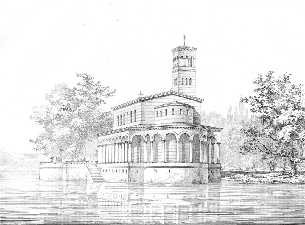 Zeichnung der Sacrower Heilandskirche mit Glockenturm