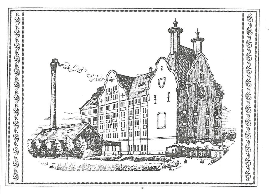 Schwarz-weiße Illustration der Alten Mälzerei mit Zierborte links und rechts.