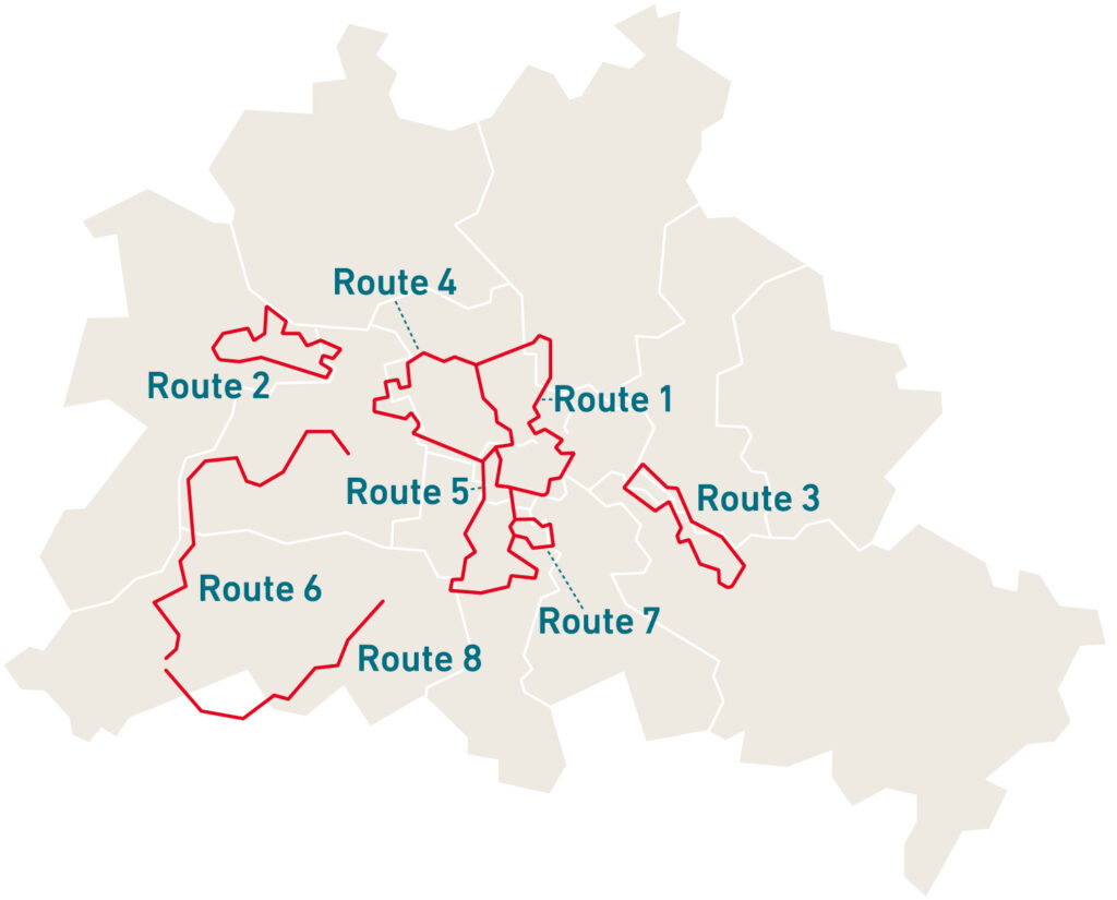 Übersichtskarte von Berlin mit allen acht Radrouten der Industriekultur Berlin
