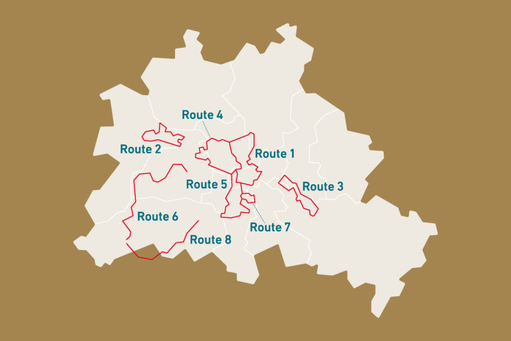 Übersichtskarte von Berlin mit allen acht Radrouten der Industriekultur Berlin