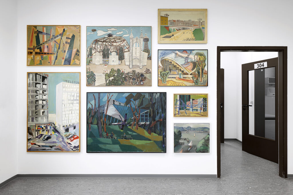 Acht Gemälde hängen an einer Wand. Zu sehen sind Darstellungen der Berliner Industrie und Stadtentwicklung.