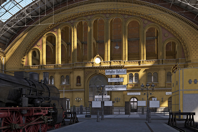 Eine virtuelle Dampflok wartet am Gleis, im nachgebauten Anhalter Bahnhof, Anfang des 20. Jahrhunderts.