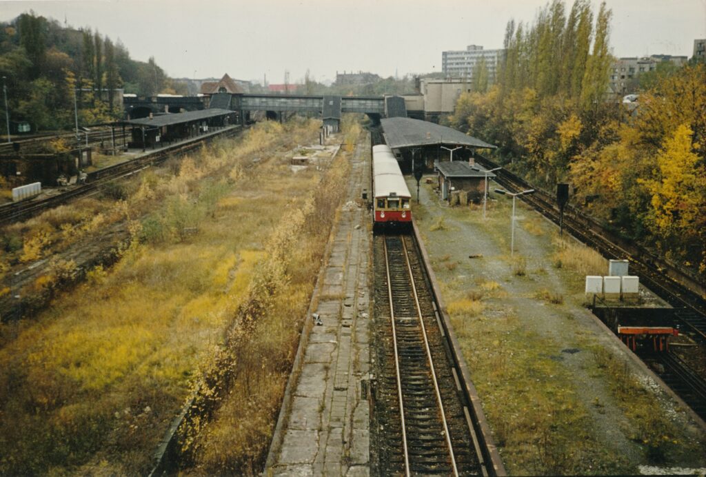 Historisches Farbfoto von 1978, überwucherte S-Bahn Gleise und Bahnsteige.