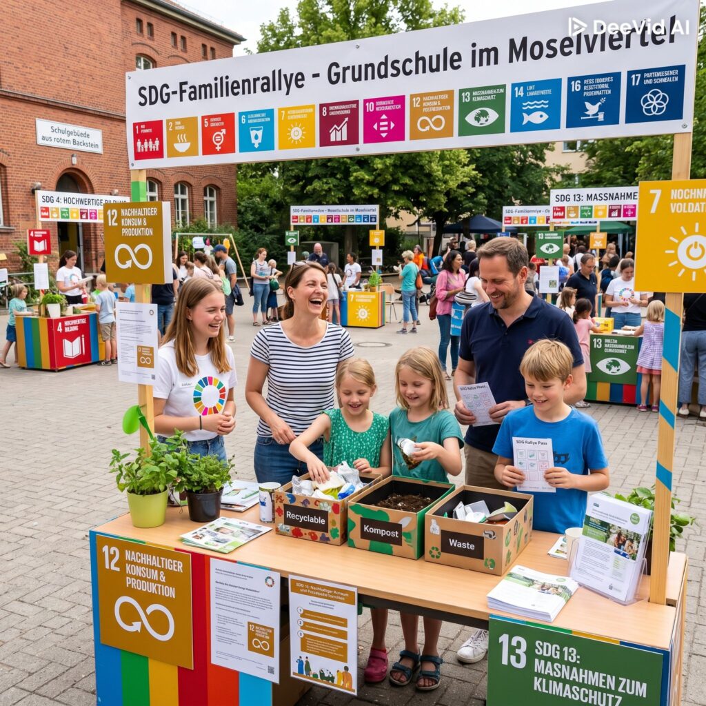 Viele Stände mit Symbolen der Ziele für Nachhaltige Entwicklung. Im Vordergrund steht eine Familie mit Kinder an einer Mitmachstation.
