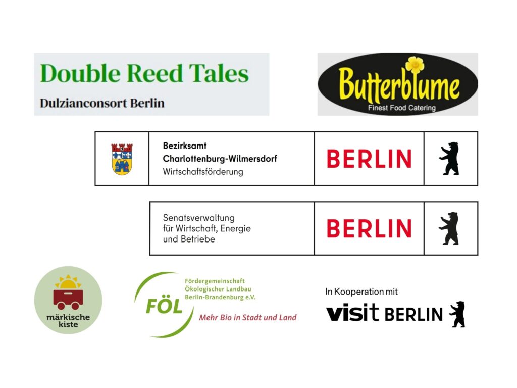 Sieben Logos, darunter visit Berlin, Fördergemeinschaft Ökologischer Landbau Berlin-Brandenburg e.V., märkische Kiste, Senatsverwaltung für Wirtschaft, Energie und Betriebe, Bezirksamt Charlottenburg-Wilmersdorf, Butterblume Fines Food Catering, Double Reed Tales