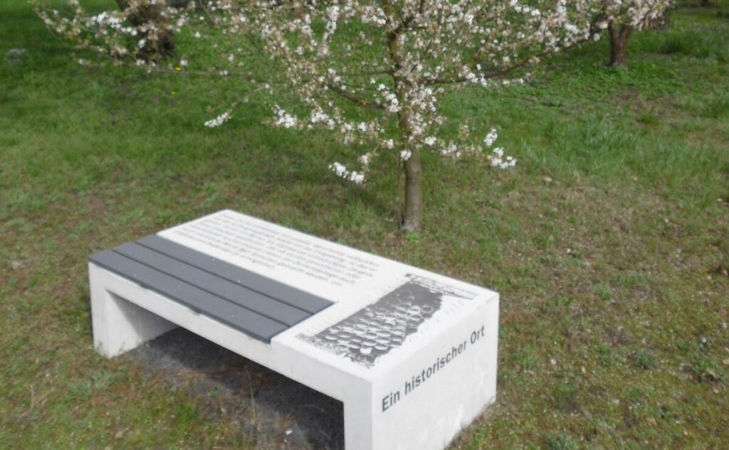 Vor einem blühenden Baum steht eine weiße Bank mit Informationen über das ehemalige Zwangsarbeiterlager.