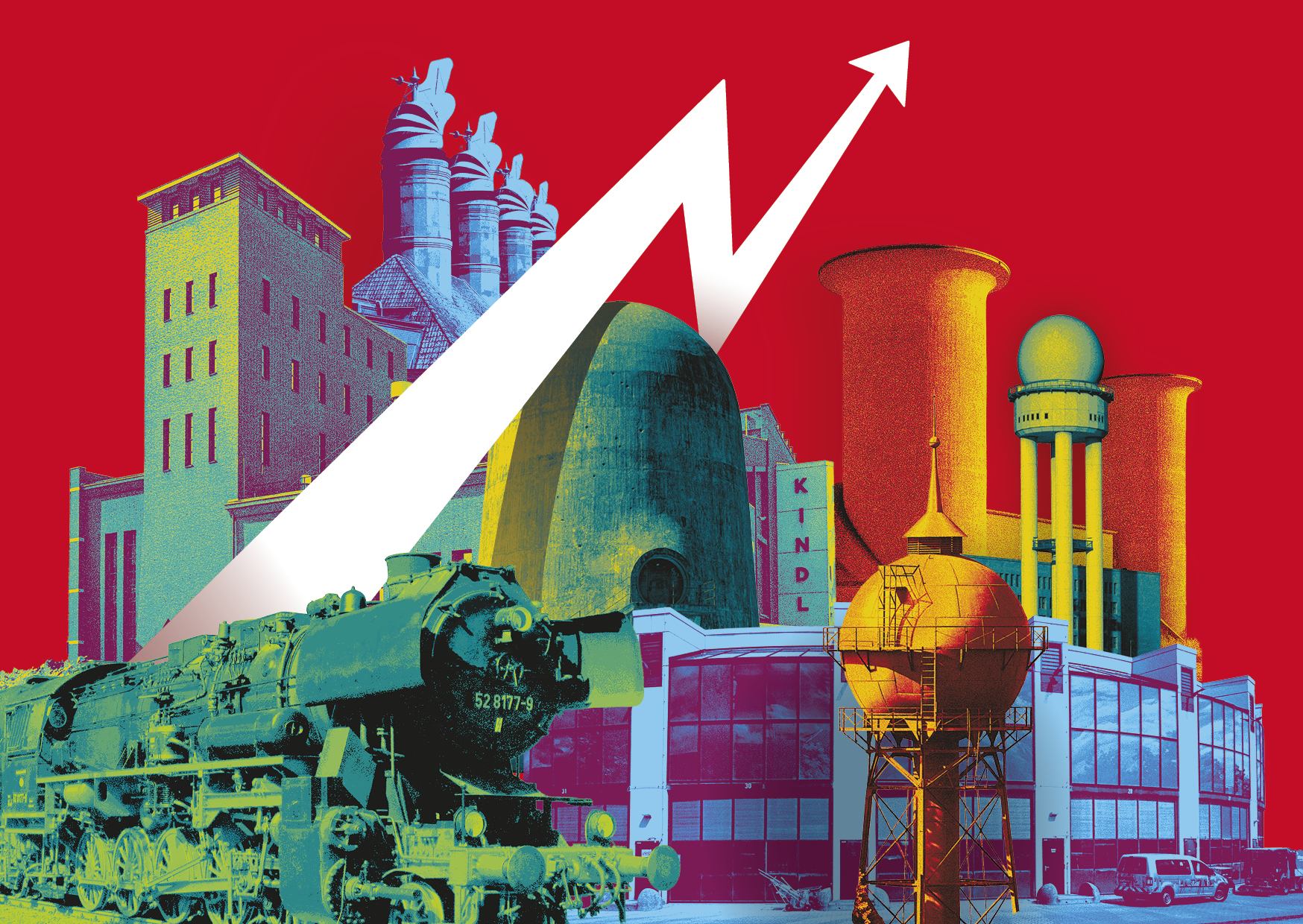 Festival Industriekultur Berlin 2026 | Bildquellen: KINDL Hauptansicht, Marko Funke | Malzfabrik Darrhauben, IGG Malzfabrik mbH | Adlershof Aerodynamischer Park, Andreas FranzXaver Süß | THF Radarturm, Andreas FranzXaver Süß | Dampflok Else, Dampflokfreunde e. V. | BSR Hauptwerkstatt, Andreas FranzXaver Süß | Deutsches Technikmuseum Wasserturm, Clemens Kirchner