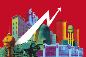 Buntes Pop-Art-Plakat des Industriekultur Berlin Festivals 2026 mit stilisierten historischen Industriebauten, Schornsteinen, einer Dampflok und einem weißen Pfeil-Logo auf rotem Hintergrund.