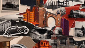 Bildcollage aus hirotischen Bilder: Autos, Gebäude, Fernseher und vieles mehr